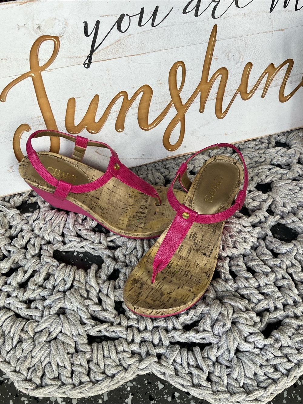 Chaps Hot Pink T-Strap Cork-Style Sandals